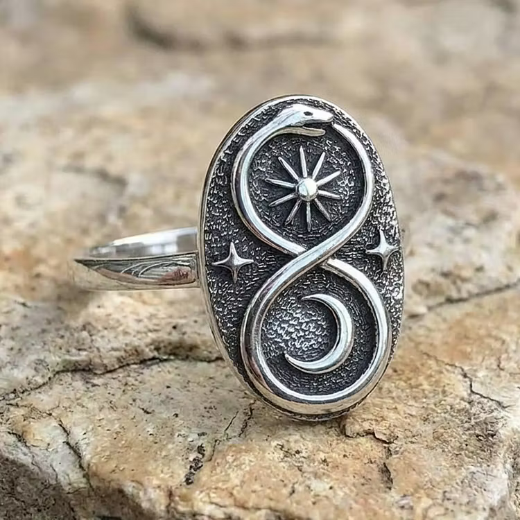 Aoaome Vintage Ouroboros Sun and Moon Silver Rings