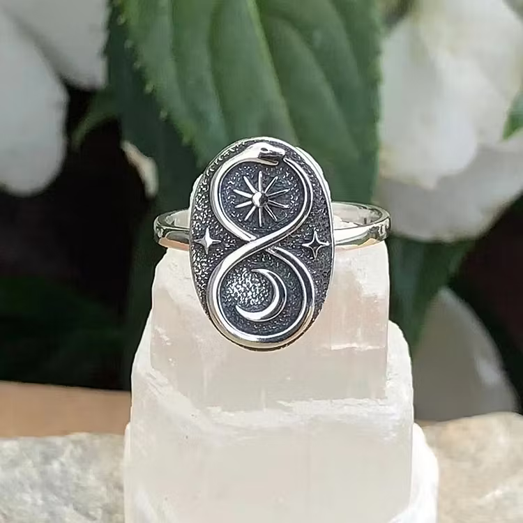 Aoaome Vintage Ouroboros Sun and Moon Silver Rings