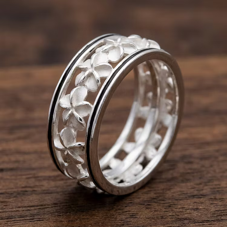 Aoaome Vintage Plumeria Flower Silver Openwork Rings