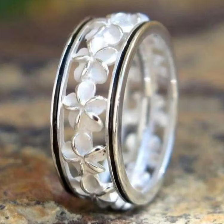 Aoaome Vintage Plumeria Flower Silver Openwork Rings