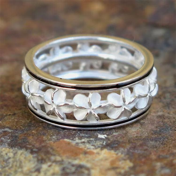 Aoaome Vintage Plumeria Flower Silver Openwork Rings