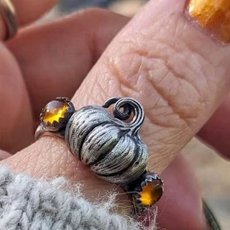 Aoaome Vintage Pumpkin Citrine Silver Rings
