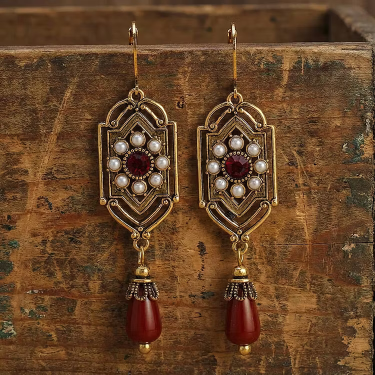 Aoaome Vintage Red Crystal Pearl Gold Earrings