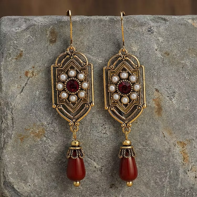 Aoaome Vintage Red Crystal Pearl Gold Earrings