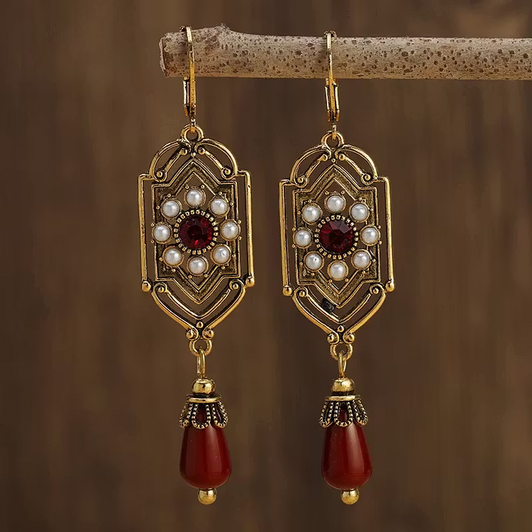 Aoaome Vintage Red Crystal Pearl Gold Earrings