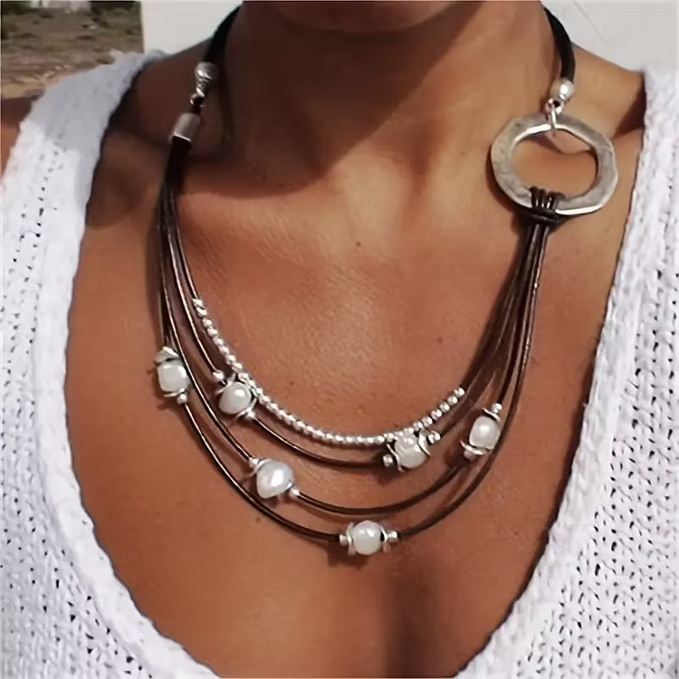 Aoaome Vintage Rope Necklace Bohemian Vacation Style Multilayer Alloy Necklaces