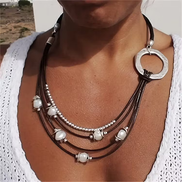 Aoaome Vintage Rope Necklace Bohemian Vacation Style Multilayer Alloy Necklaces