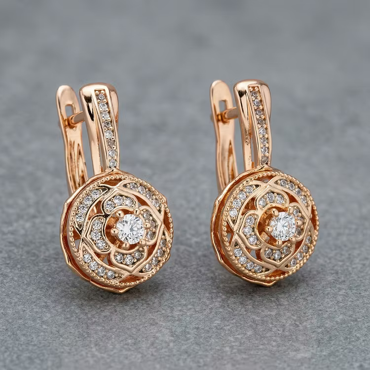 Aoaome Vintage Rose Gold Crystal Floral Leverback Earrings