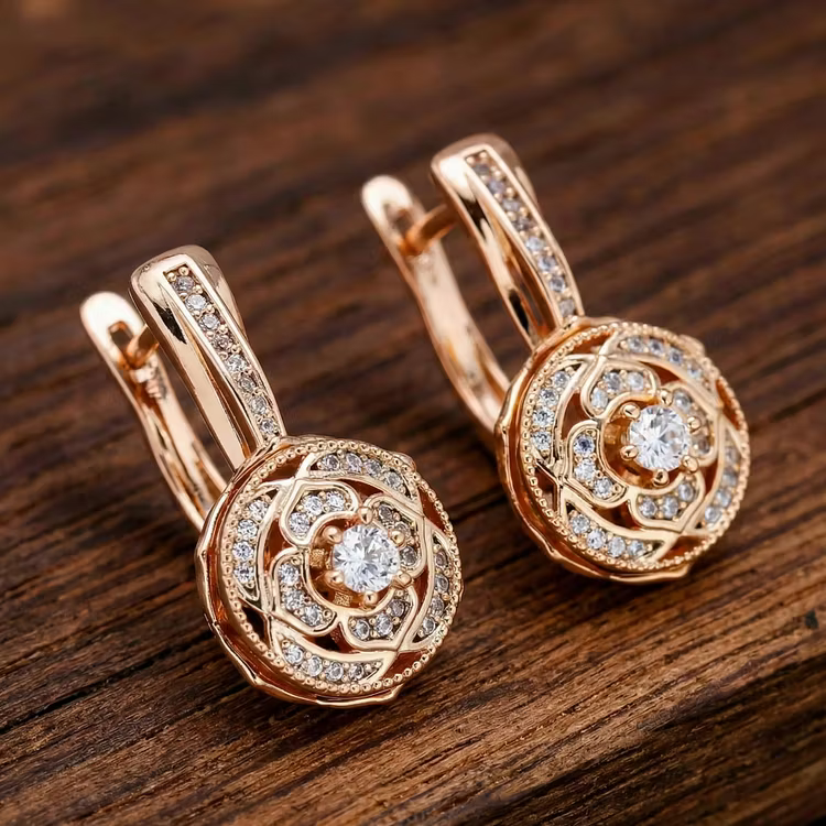 Aoaome Vintage Rose Gold Crystal Floral Leverback Earrings