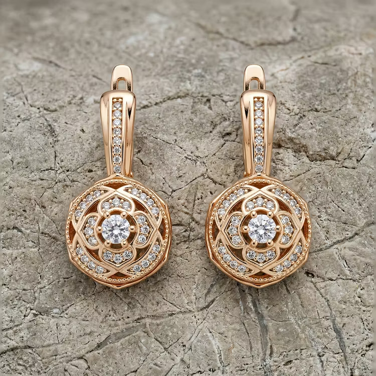 Aoaome Vintage Rose Gold Crystal Floral Leverback Earrings