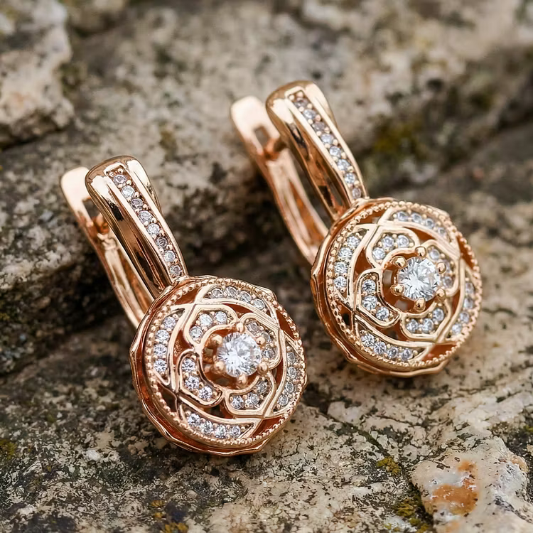 Aoaome Vintage Rose Gold Crystal Floral Leverback Earrings