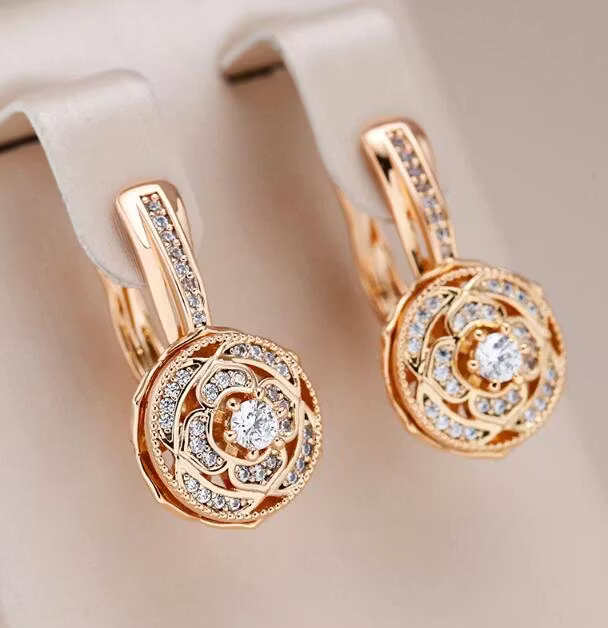 Aoaome Vintage Rose Gold Crystal Floral Leverback Earrings