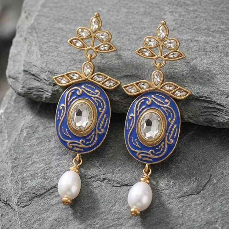 Aoaome Vintage Royal Blue Enamel Pearl Earrings