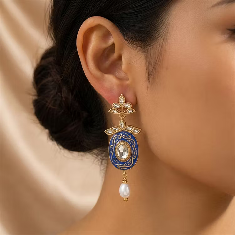 Aoaome Vintage Royal Blue Enamel Pearl Earrings