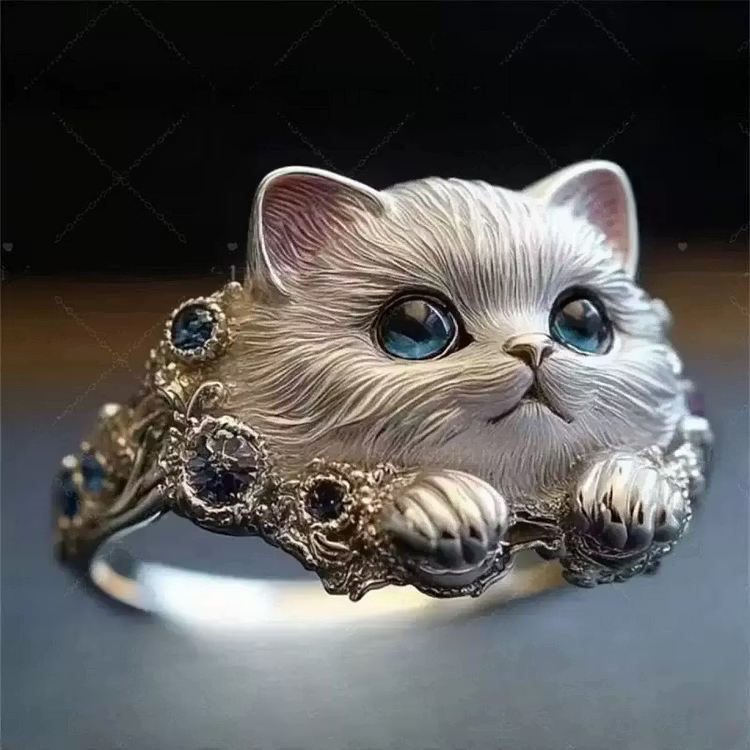 Aoaome Vintage Sapphire Cat Silver Statement Rings