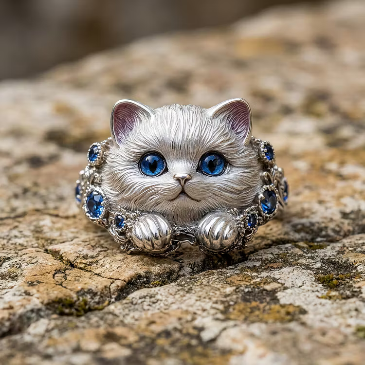 Aoaome Vintage Sapphire Cat Silver Statement Rings