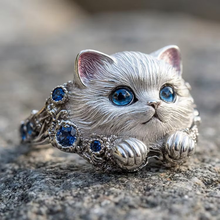 Aoaome Vintage Sapphire Cat Silver Statement Rings