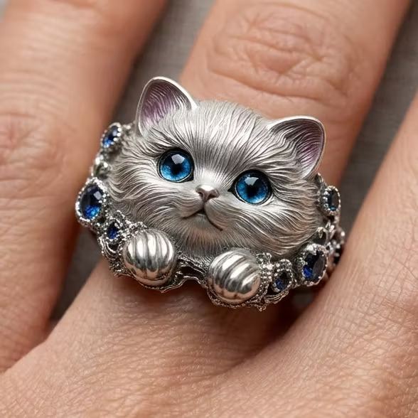Aoaome Vintage Sapphire Cat Silver Statement Rings