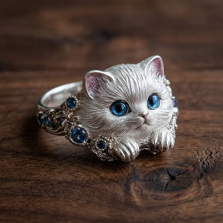 Aoaome Vintage Sapphire Cat Silver Statement Rings