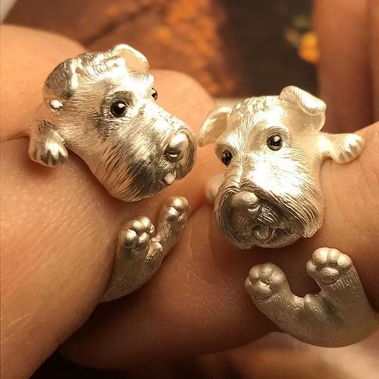 Aoaome Vintage Schnauzer Dog Silver Wrap Rings