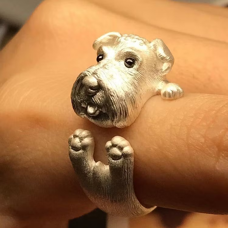 Aoaome Vintage Schnauzer Dog Silver Wrap Rings