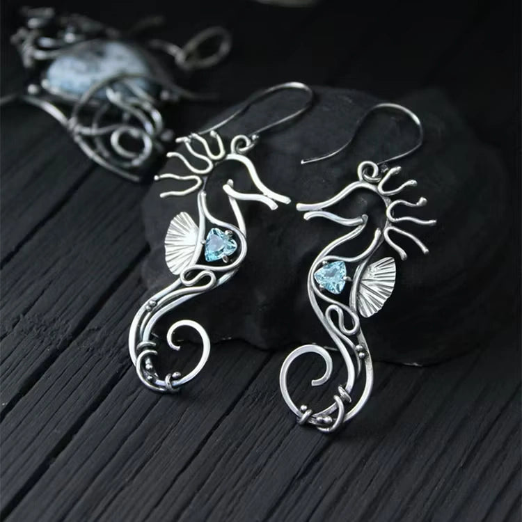 Aoaome Vintage Seahorse Sapphire Earrings