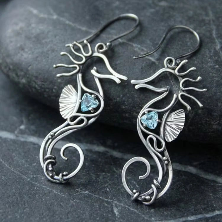 Aoaome Vintage Seahorse Sapphire Earrings