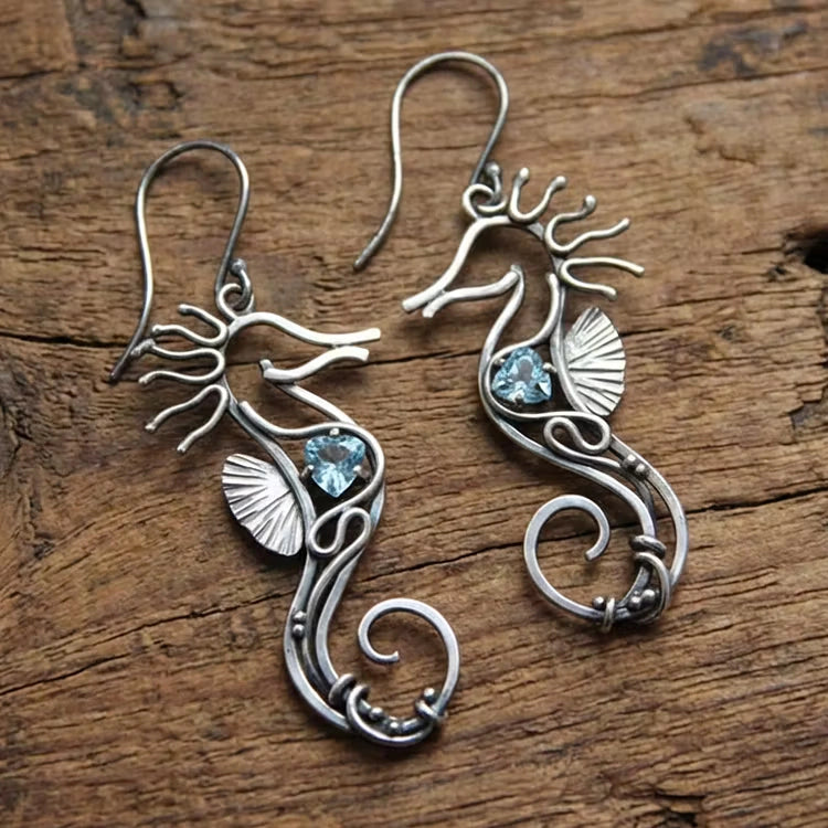 Aoaome Vintage Seahorse Sapphire Earrings