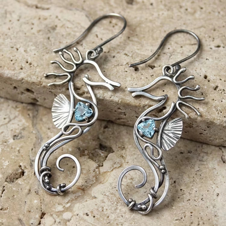 Aoaome Vintage Seahorse Sapphire Earrings