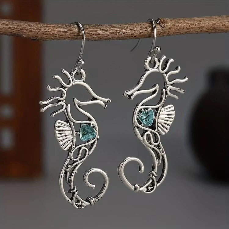 Aoaome Vintage Seahorse Sapphire Earrings