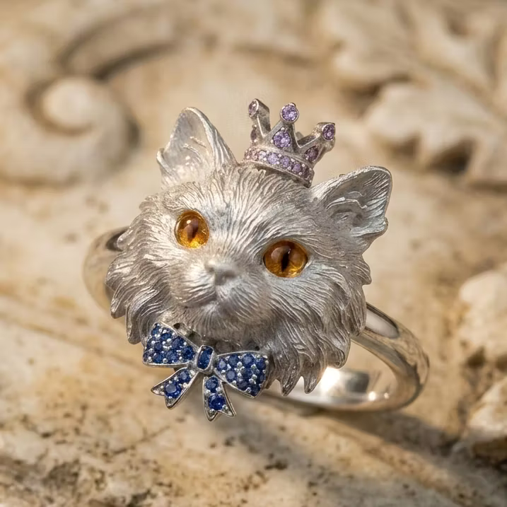 Aoaome Vintage Silver Cat with Sapphire Bow Amethyst Crown Rings
