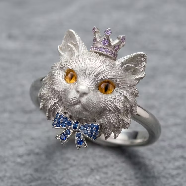 Aoaome Vintage Silver Cat with Sapphire Bow Amethyst Crown Rings