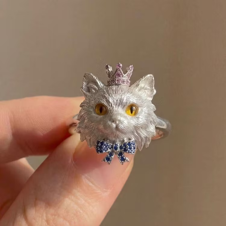 Aoaome Vintage Silver Cat with Sapphire Bow Amethyst Crown Rings