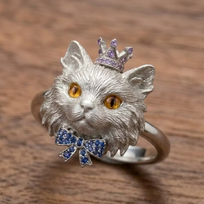 Aoaome Vintage Silver Cat with Sapphire Bow Amethyst Crown Rings