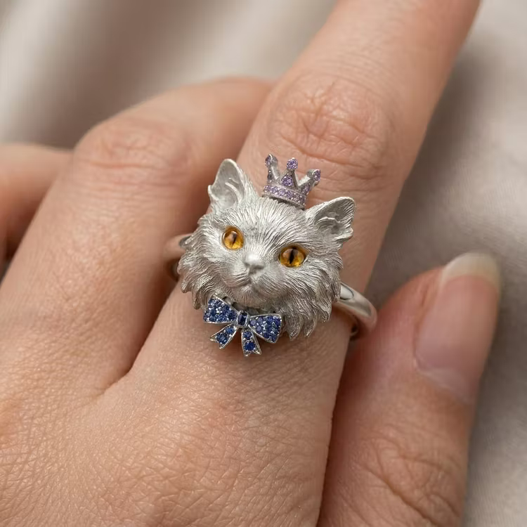 Aoaome Vintage Silver Cat with Sapphire Bow Amethyst Crown Rings
