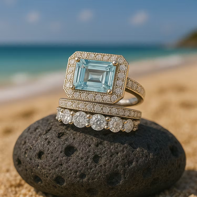 Aoaome Vintage Silver Turquoise Glass Rings