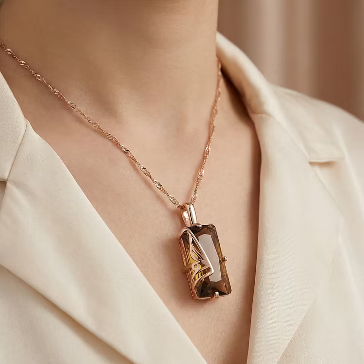 Aoaome Vintage Smoky Quartz Geometric Pendant Necklaces