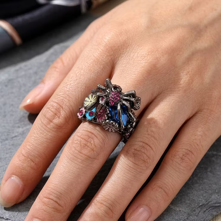 Aoaome Vintage Spider Enamel Flower Blue Topaz Rings