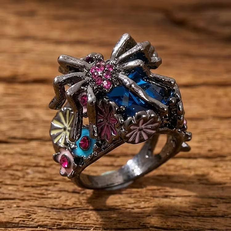 Aoaome Vintage Spider Enamel Flower Blue Topaz Rings