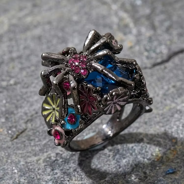 Aoaome Vintage Spider Enamel Flower Blue Topaz Rings