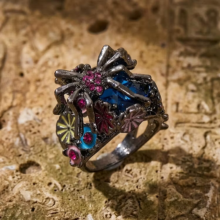Aoaome Vintage Spider Enamel Flower Blue Topaz Rings