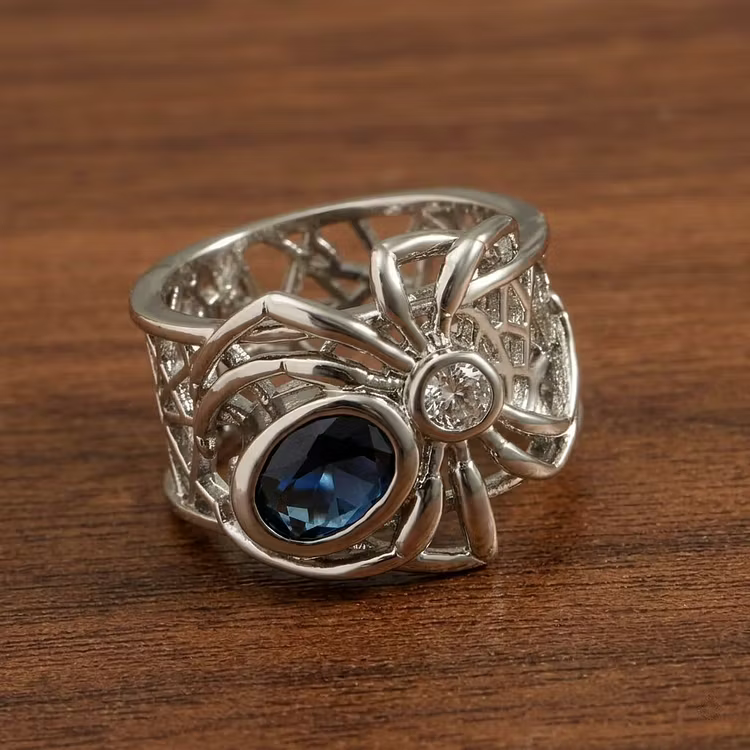 Aoaome Vintage Spider Web Blue Sapphire Silver Rings