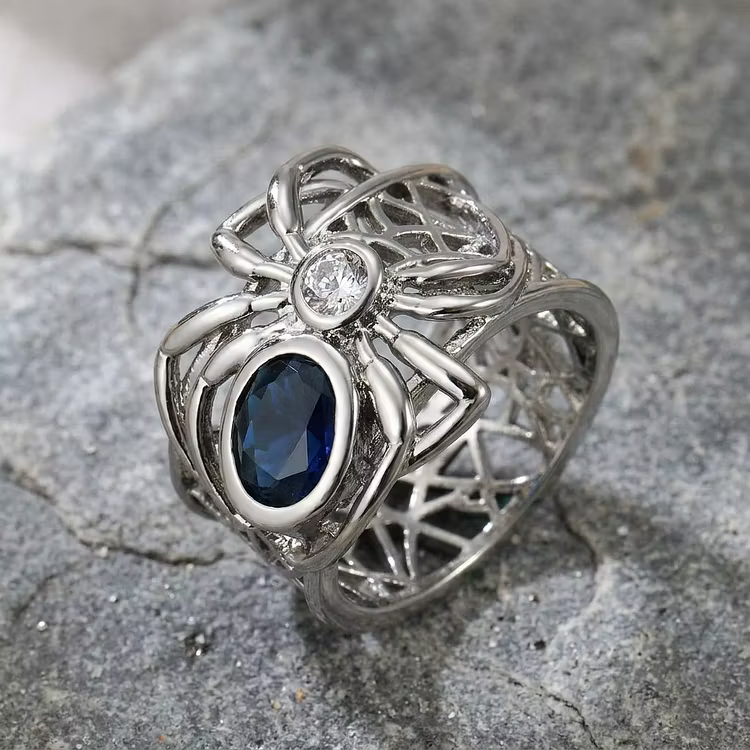 Aoaome Vintage Spider Web Blue Sapphire Silver Rings