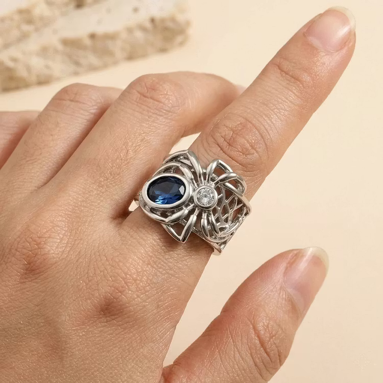 Aoaome Vintage Spider Web Blue Sapphire Silver Rings