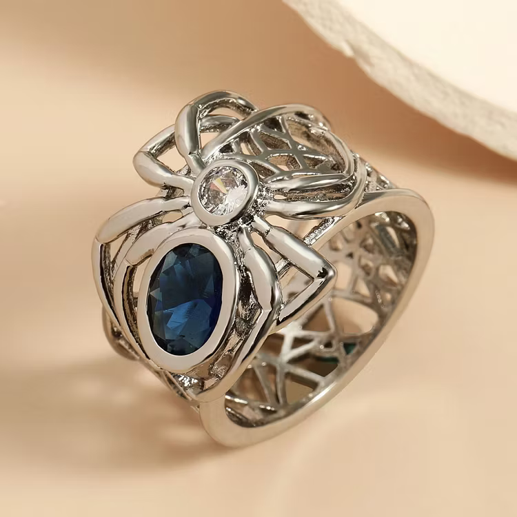 Aoaome Vintage Spider Web Blue Sapphire Silver Rings