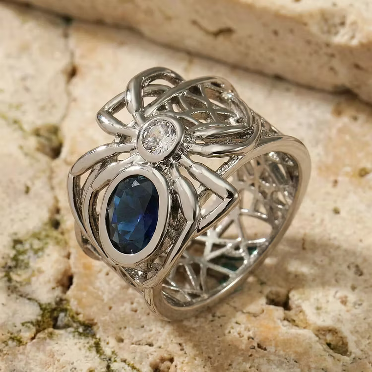 Aoaome Vintage Spider Web Blue Sapphire Silver Rings