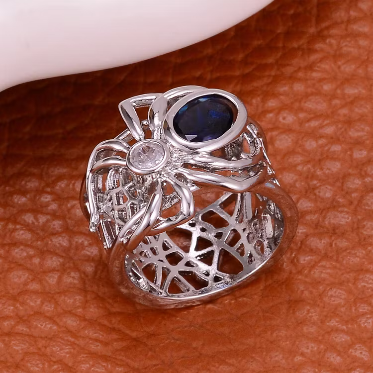 Aoaome Vintage Spider Web Blue Sapphire Silver Rings
