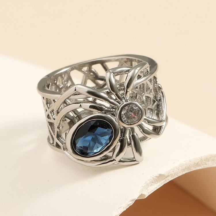 Aoaome Vintage Spider Web Blue Sapphire Silver Rings