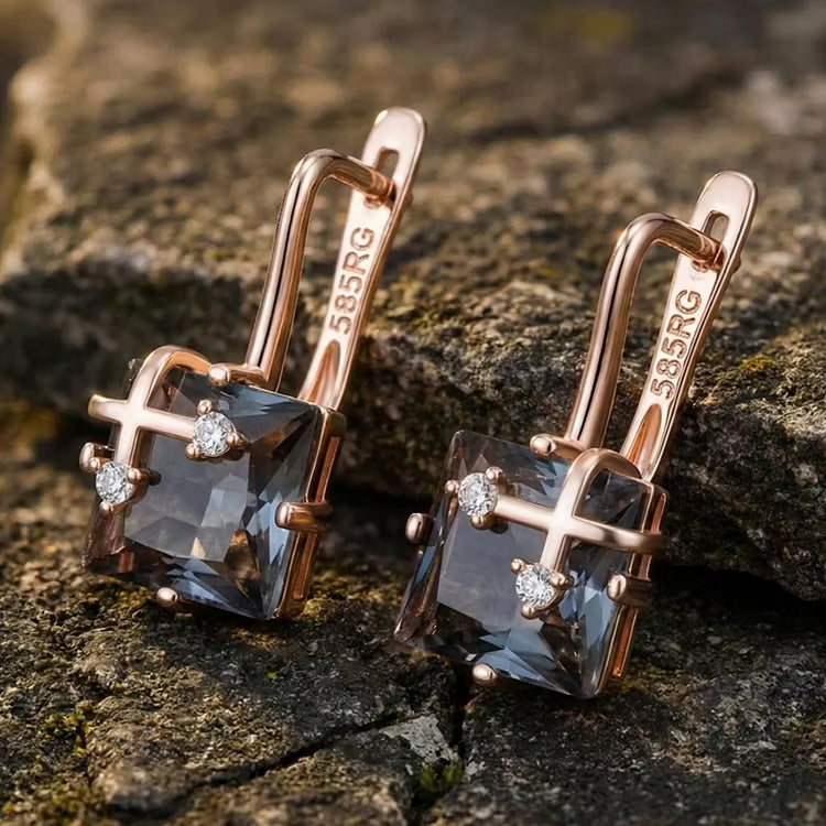 Aoaome Vintage Square Smoky Quartz Crystal Drop Earrings