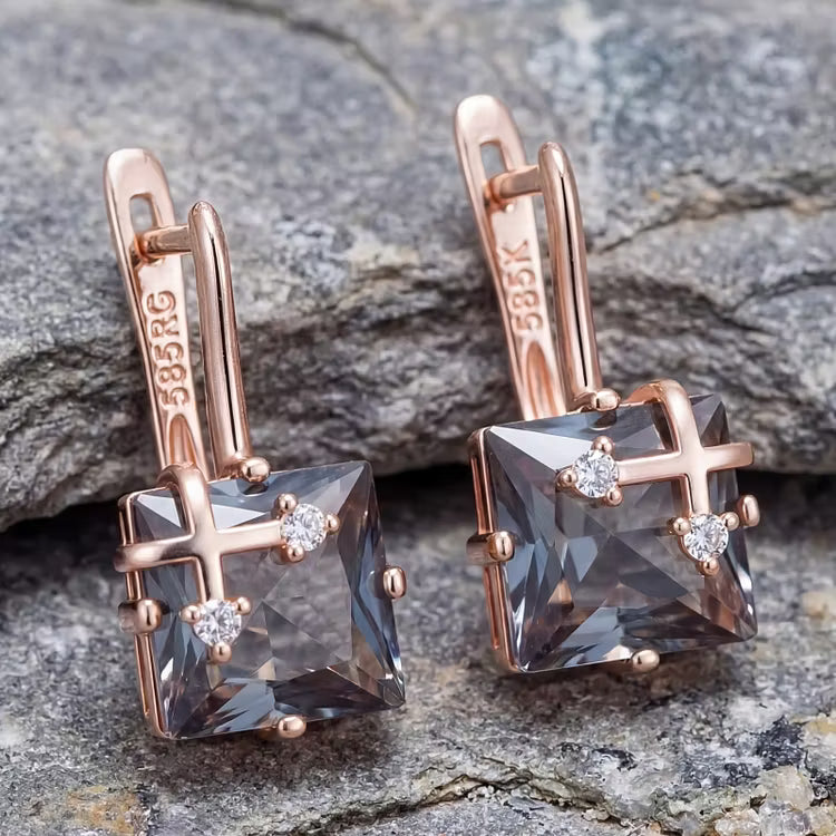 Aoaome Vintage Square Smoky Quartz Crystal Drop Earrings